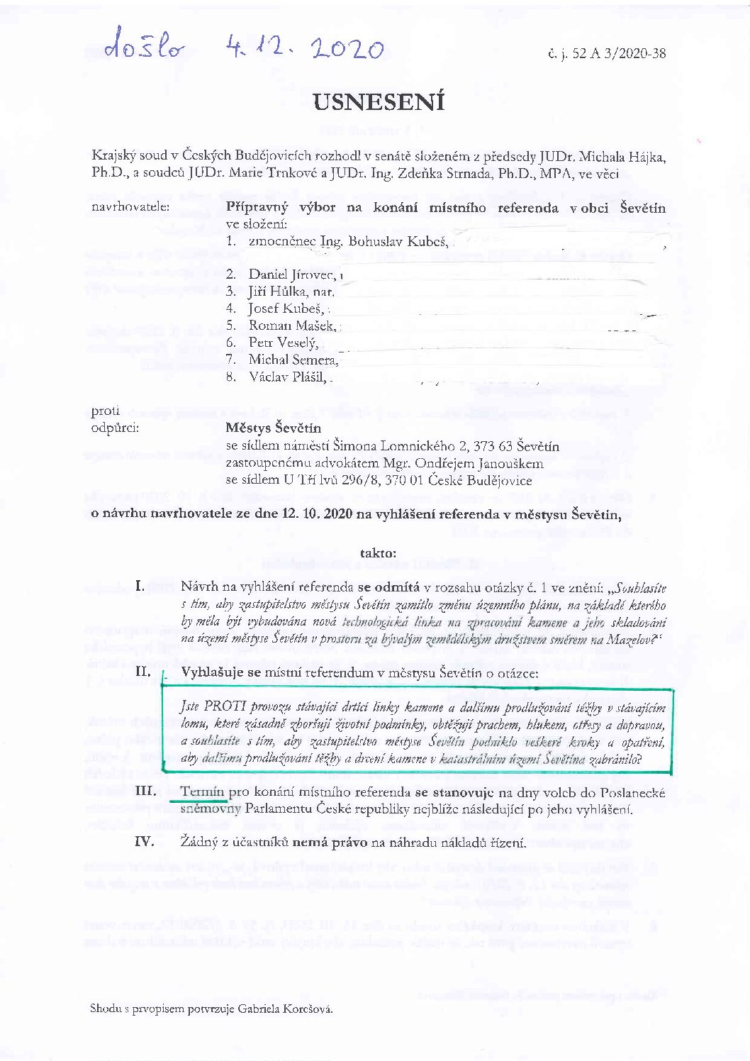 Usnesení krajského soudu na vyhlášení referenda k 2. otázce