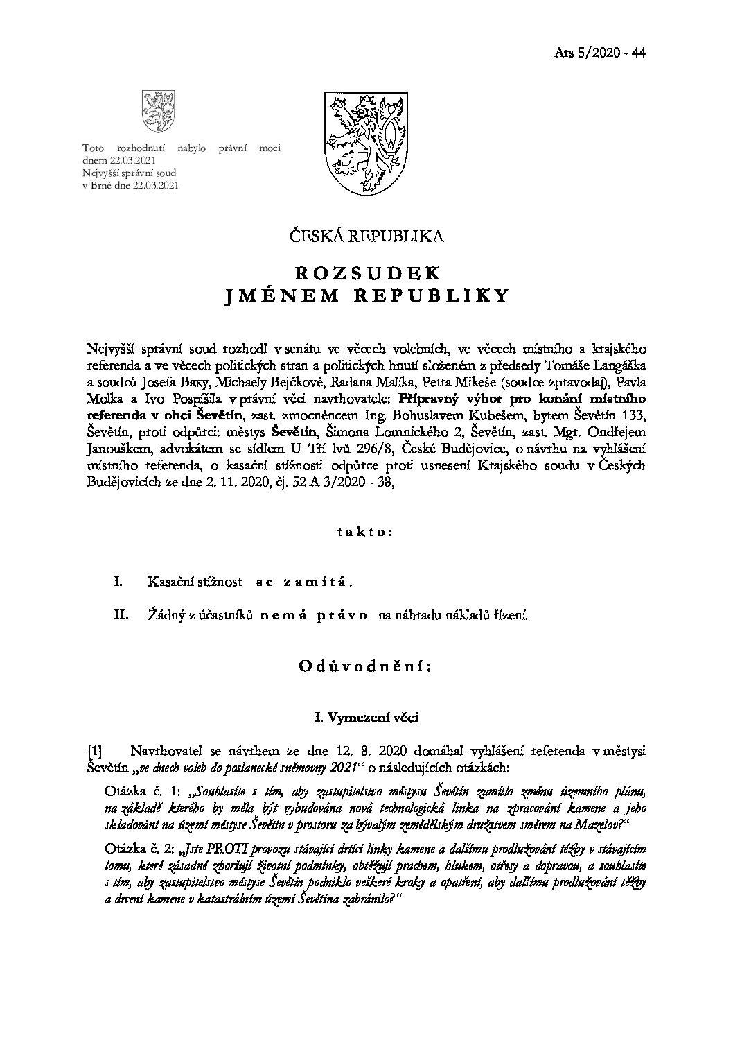 Zamítnutá kasační stížnost Městyse Ševětín